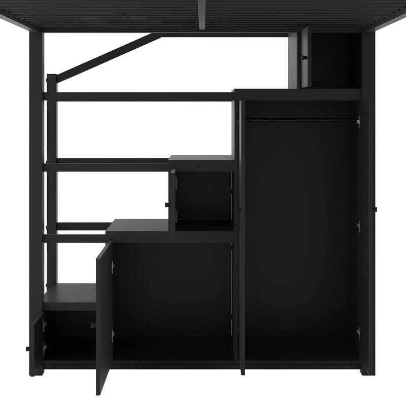 GDFStudio - Full Size Metal Loft Bed with Wardrobe, Storage Shelves and Staircase