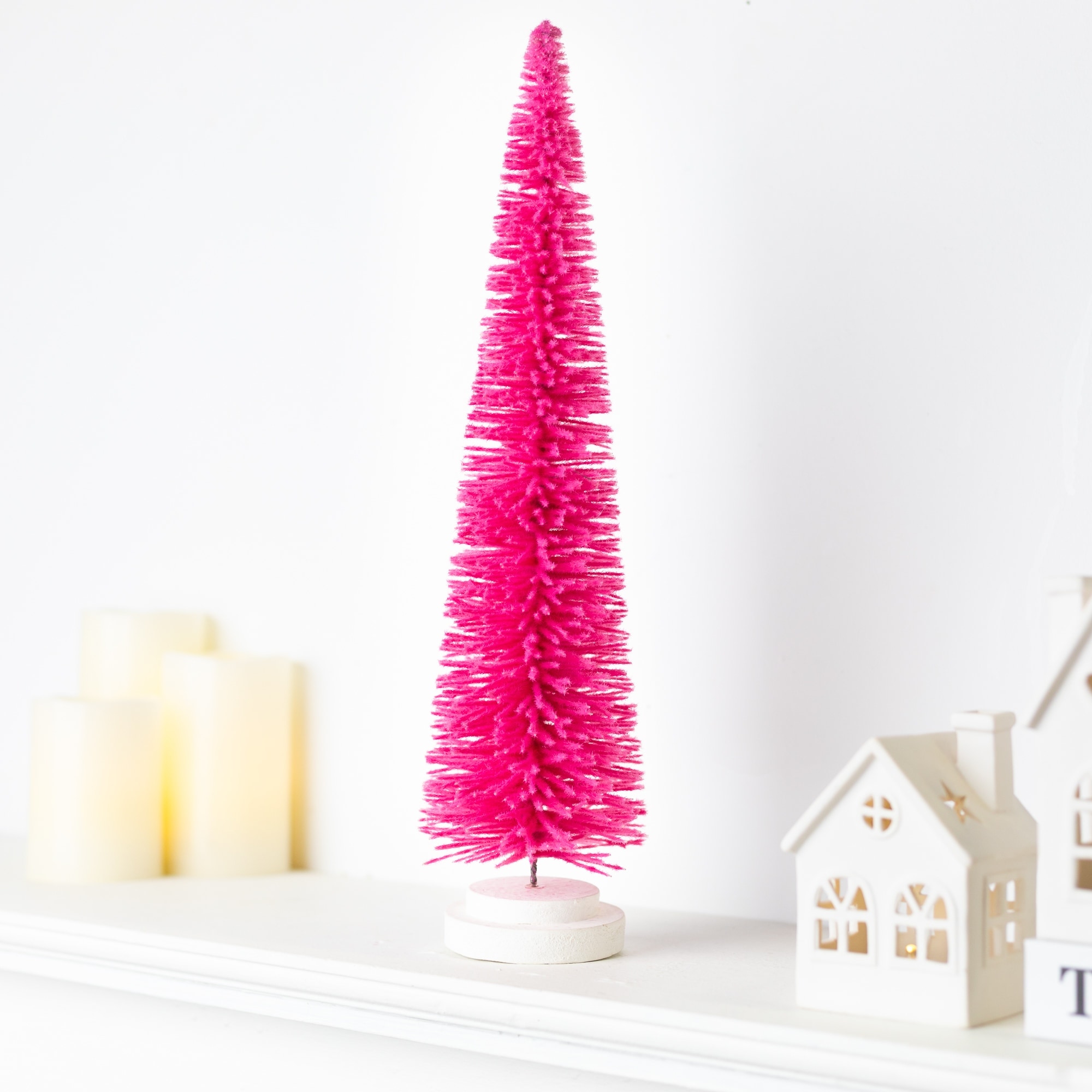 Bottle Brush Artificial Mini Christmas Tree with Wood Base 16" Pink