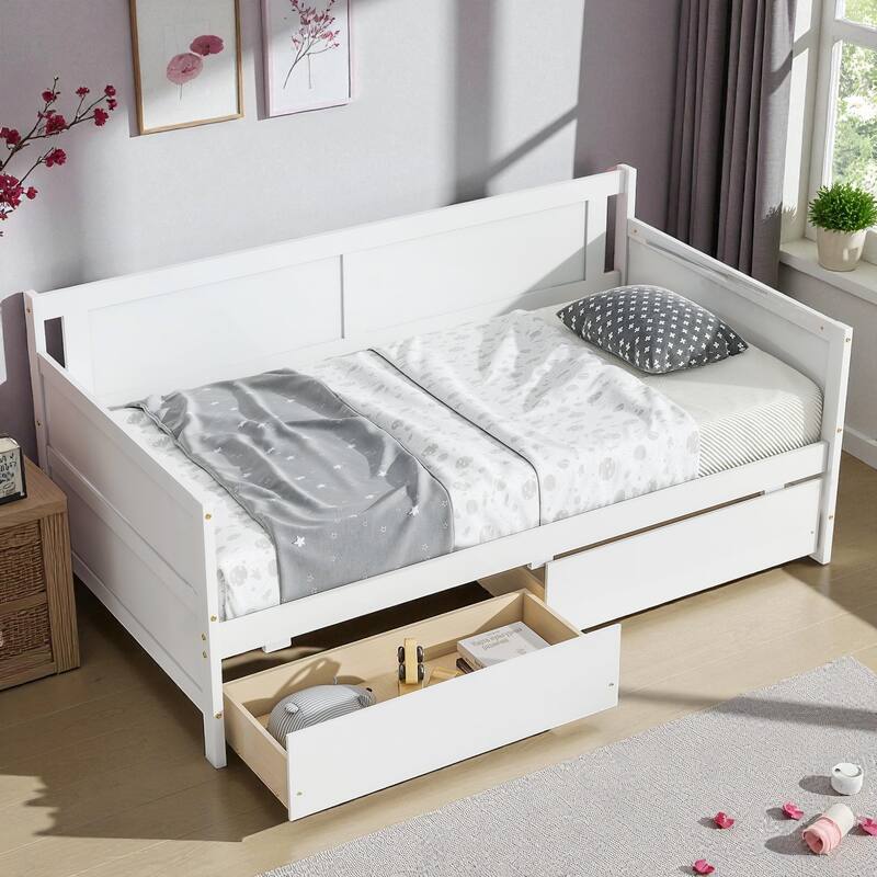 Twin Size Solid Pine Wood Daybed with Two Storage Drawers, Modern Sofa Bed Frame with Pull-Out Storage