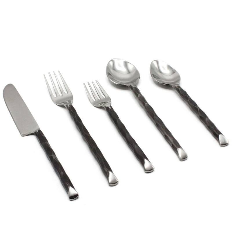 Elyon Diamond Tip Reflective Black 20 Piece Flatware Set Indian Artisan-Made Set Hand-Forged Stainless Steel Service for 4