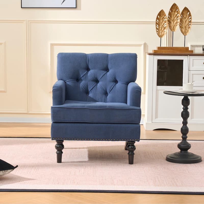 Anmytek Blue Accent Chair, Upholstered Button Armchair, Linen Fabric Sofa Chairs for Bedroom