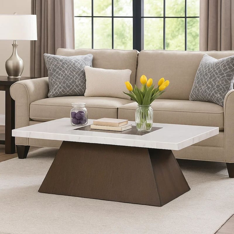 Asten Coffee Table, 48 Inch White Marble, Walnut Brown Pedestal Base