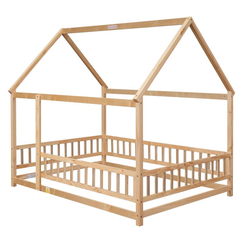Wooden Floor Bed with House Roof and Guardrails for Kids