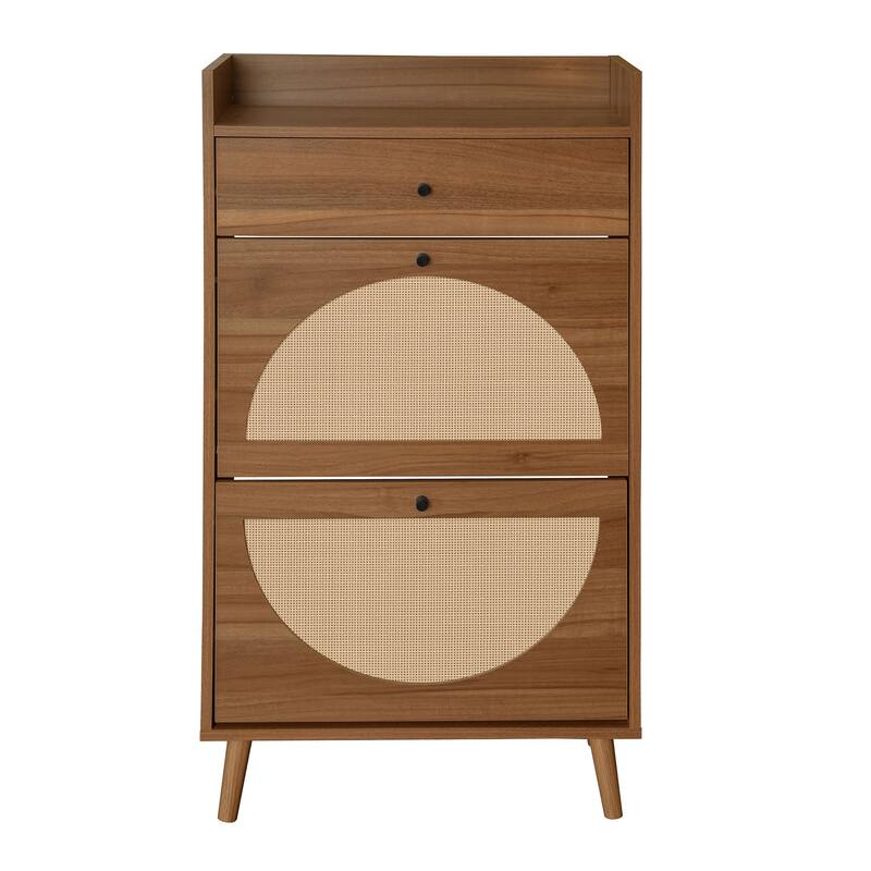 Entryway Shoe Storage Cabinet, Freestanding Rattan Shoe Rack, Shoe Organizer with 2 Flip Drawers & 1 Pull-Out drawer