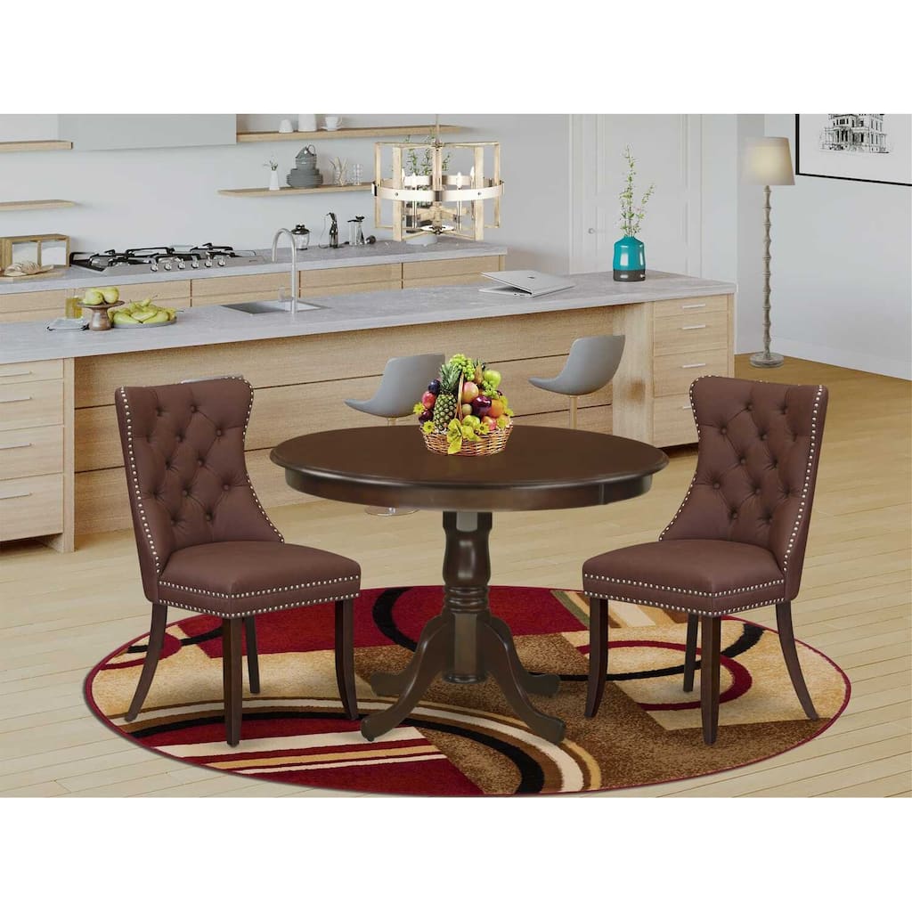 3-Piece Mahogany Finish Solid Wood Top-Round Upholstered Dining Room Set-Seats 4