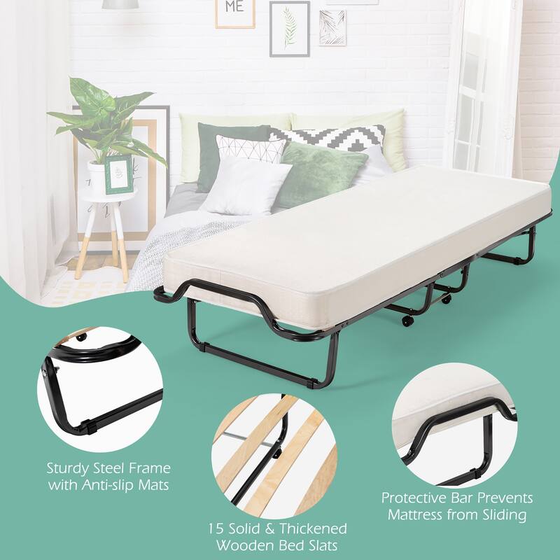 Gymax Portable Rollaway Guest Bed Folding Bed w/ Mattress Memory Foam