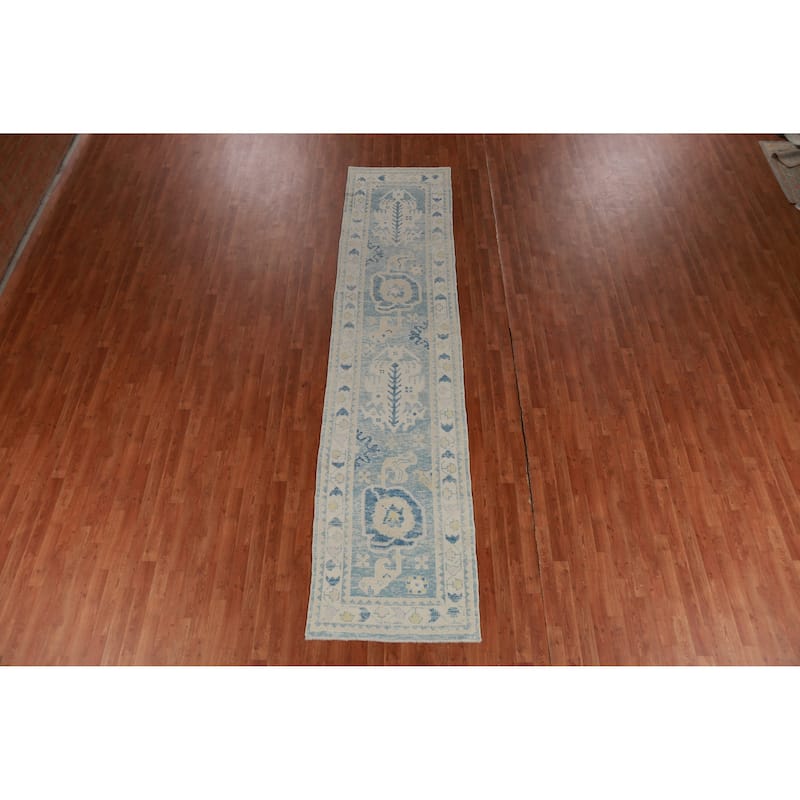 Hand Knotted Oriental 100% Wool Carpet Transitional Geometric Navy Blue & Blues Oushak Runner Rug - 12' 10'' X 3' 0''