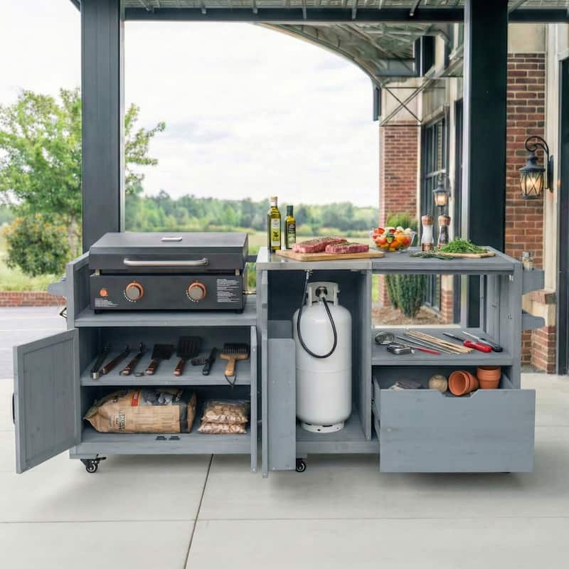 80.5" Solid Wood Outdoor Kitchen Island with Stainless Steel Top, Grill Cart Compatible with Big Green Egg & Blackstone