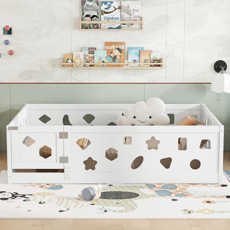 Solid Wood Montessori Floor Bed Frame without Slats, Wooden Geometric Shaped Floor Bed with Fence and Door - White - Full