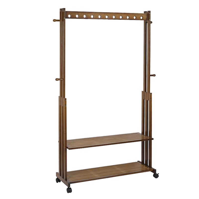 Rustic Wooden Clothes Rack Freestanding Bamboo Garment Stand On Wheels - 40.94x12.68x65.35 inch