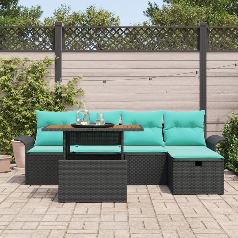 vidaXL 6 Piece Garden Sofa Set with Cushions Black Poly Rattan - 98.8 x 46.1 x 27.2