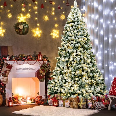Gymax 7.5ft Prelit Snow Flocked Christmas Tree Hinged Pine Tree - See Details