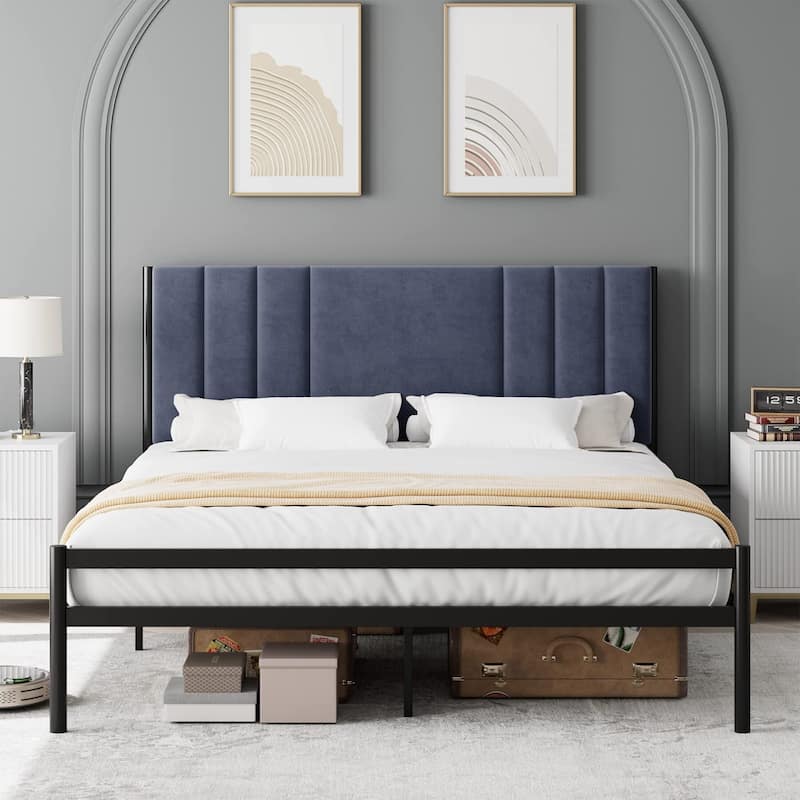 Platform Bed Frame with Velvet Headboard