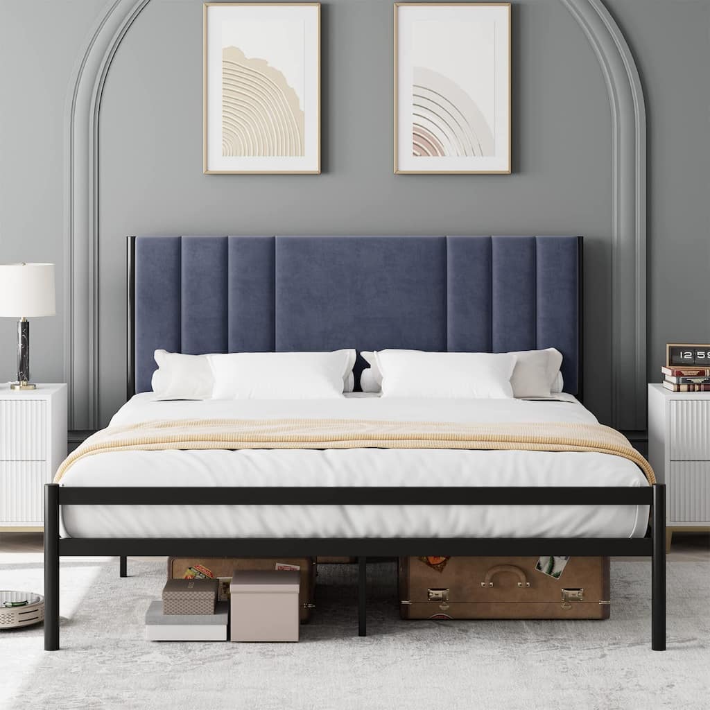 Platform Bed Frame with Velvet Headboard