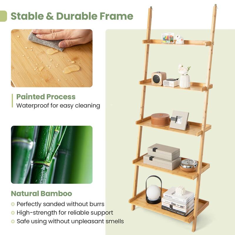 Gymax 5-Tier Bamboo Ladder Shelf Wall-Leaning Bookshelf Display