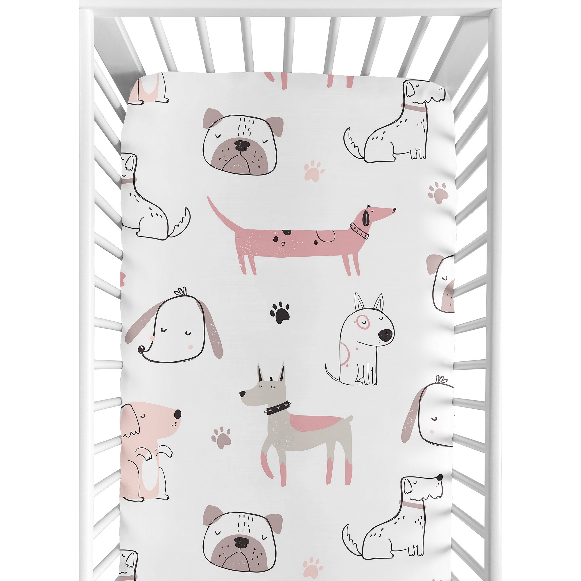 Sweet Jojo Designs Pink Puppy Dogs Girl Fitted Crib Sheet Modern Dog Puppies Pet Boho Bulldog Wiener Doggy Minimalist Paw Prints