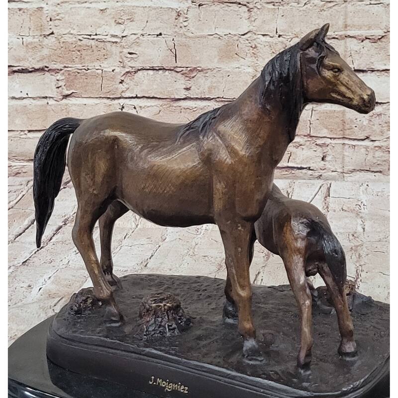 Bronze Sculpture Figurine Mare W/ Her Baby Imitative Horse Stallion Farm Art Deco Moigniez