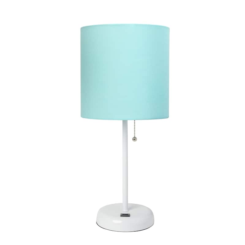 White Stick Lamp with USB charging port and Fabric Shade - Aqua-White - Without Bulb