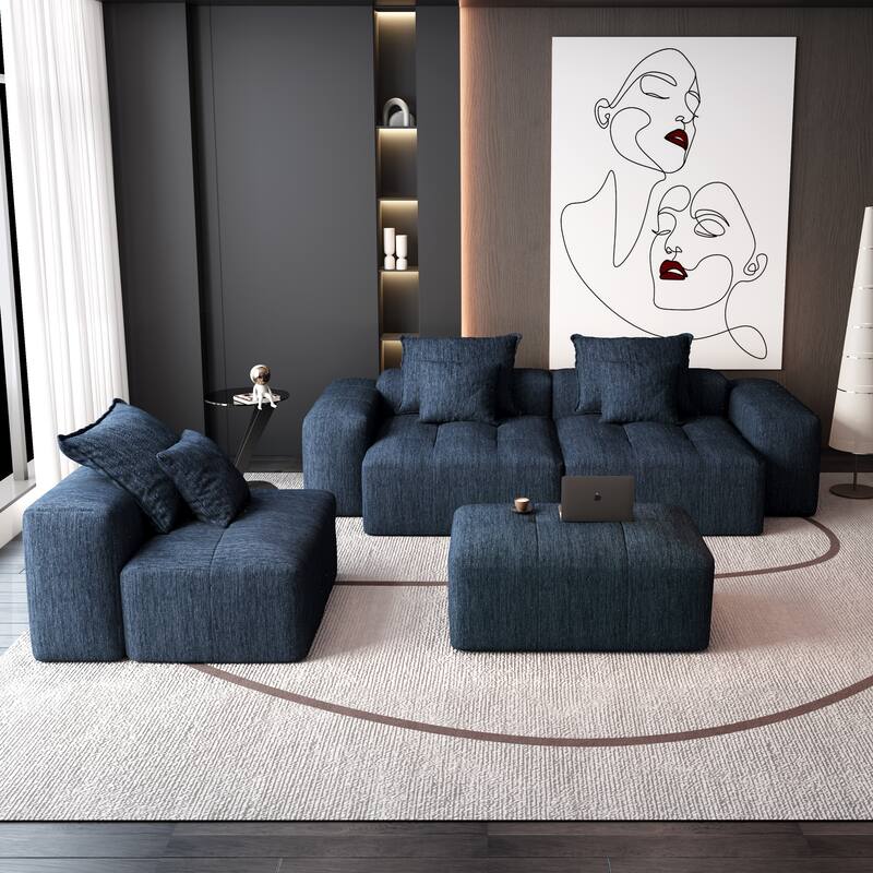 Modern Oversized Chenille Modular Sectional Sofa Tufted Sofa with 6 Pillows and Ottoman for Living Room