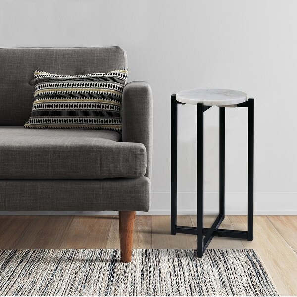 Ivy 24.5 Inch Marble Top Accent Round Side Table with Metal Frame, White and Black