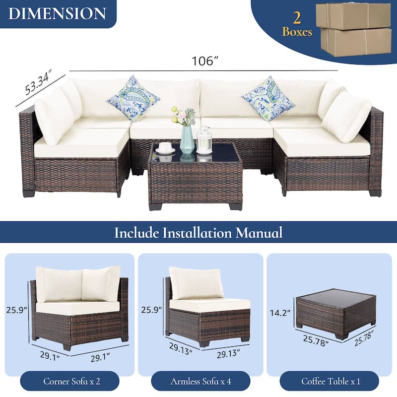 7 Pieces Wicker Rattan Outdoor Sectional Conversation Set with Coffee Table