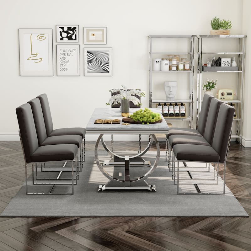 White and Gold Dining Room Table Set with 72 inch Table and White PU Leather Dining Chairs