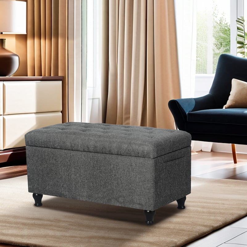 Adeco Tufted Storage Ottoman Bench for Living Room Bedroom - Dark Grey