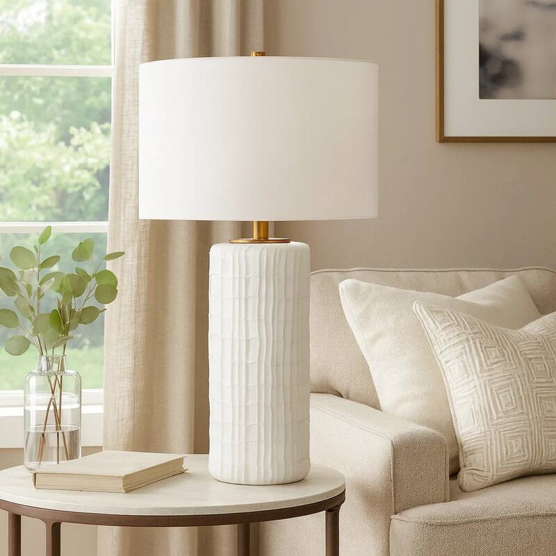 Mena 28 Inch Table Lamp, Round Drum Shade, Grid Pattern White Base