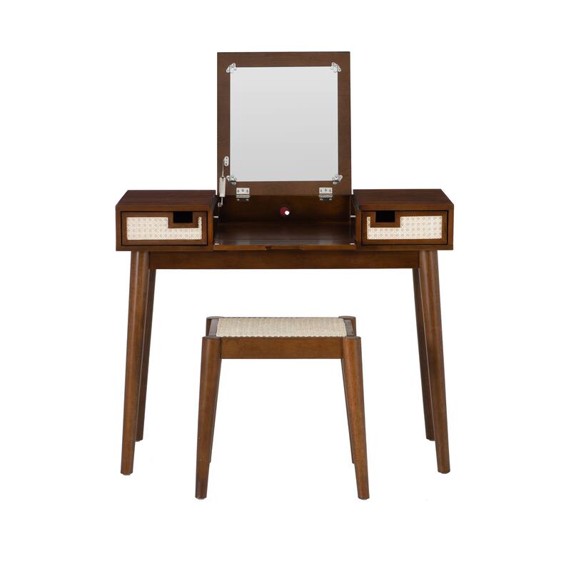 Chantal Wood 2 Cane Drawer Vanity with Stool
