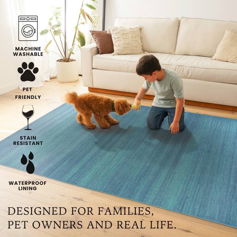My Magic Carpet Machine Washable Area Rug Solid Blue