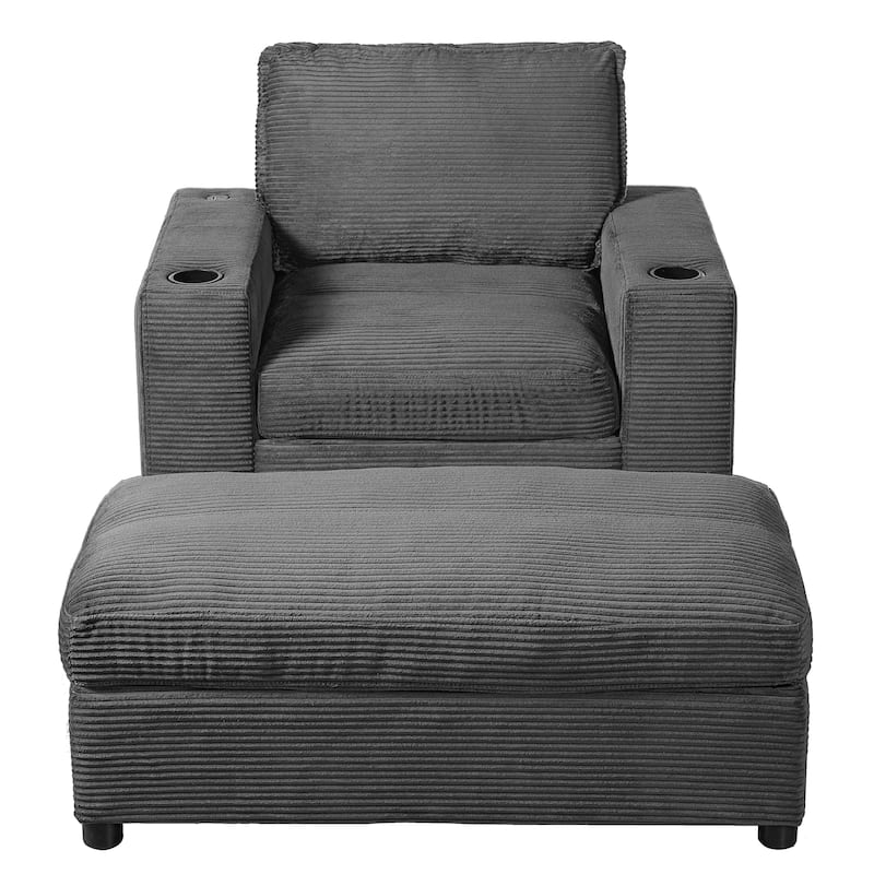 42.8" Oversized Chaise Lounge Chair with Storage Ottoman, Corduroy Sofa Bed with Cup Holders & USB Charging Port