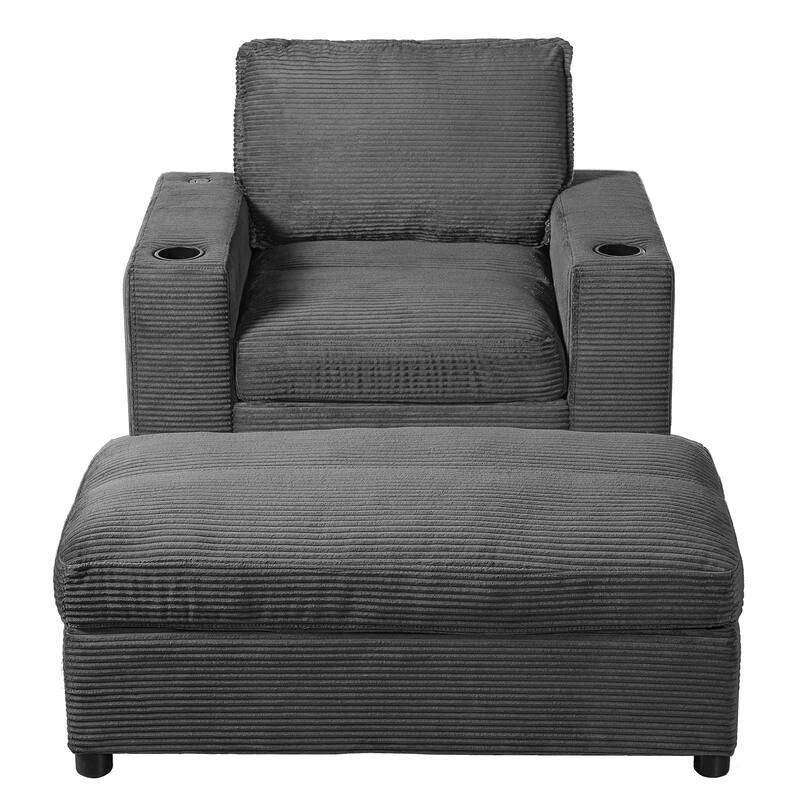 Roomfitters Oversized Chaise Lounge Chair with Storage Ottoman and Built-in USB Charging Port, Corduroy Sleeper Couch