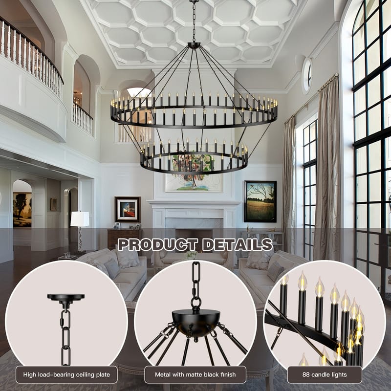 Extra Large Black Wagon Wheel Chandelier - Adjustable Farmhouse Lighting for High Ceilings