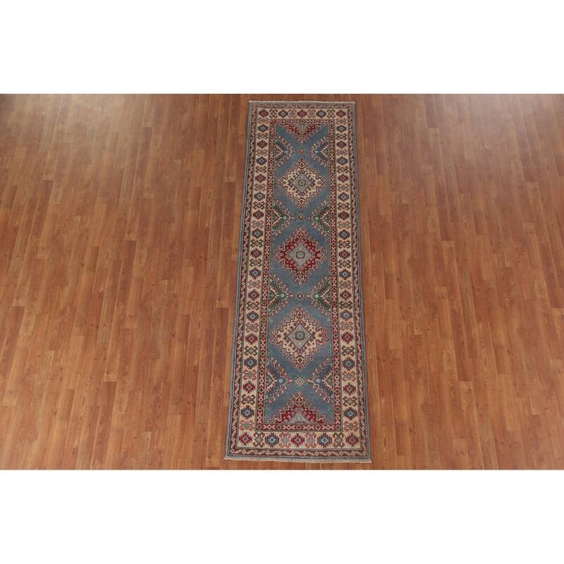Hand Knotted Oriental 100% Wool Carpet Traditional Geometric Navy Blue & Blues Kazak Runner Rug - 8' 11'' X 2' 9''