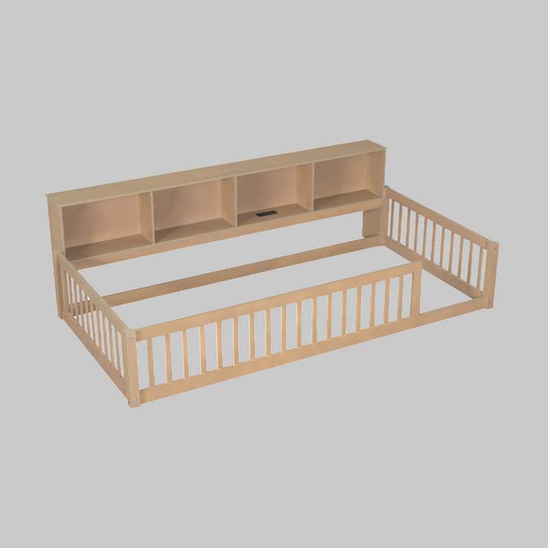 Wood Twin XL Floor Bed with Storage Shelves, USB Ports, and Sturdy Construction, Easy Assembly - Brown - Twin XL