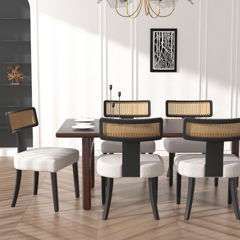 Set of 2 Mid-Century Modern Dining Chairs – Solid Wood Frame with Woven Rattan Backrest, Stylish Accent Chairs .