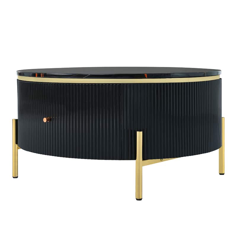 Roomfitters Modern Round Marble Coffee Table with Storage, Gold Metal Legs, 2 Hidden Compartments 31.5"