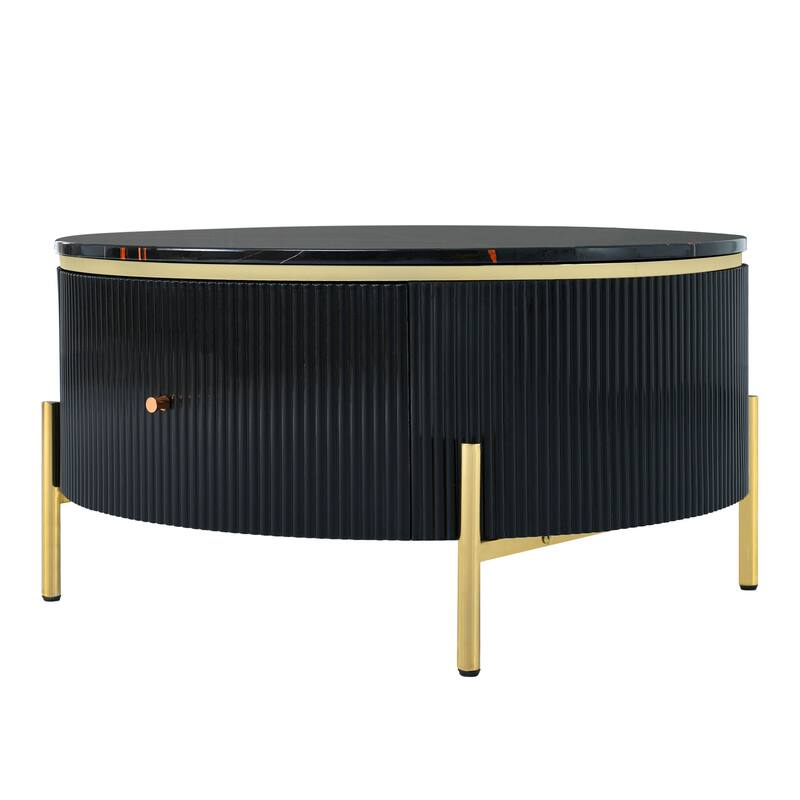 White Wood Coffee Table with Storage Drawer, Modern Cocktail Table with Faux Marble Top for Living Room Small Space