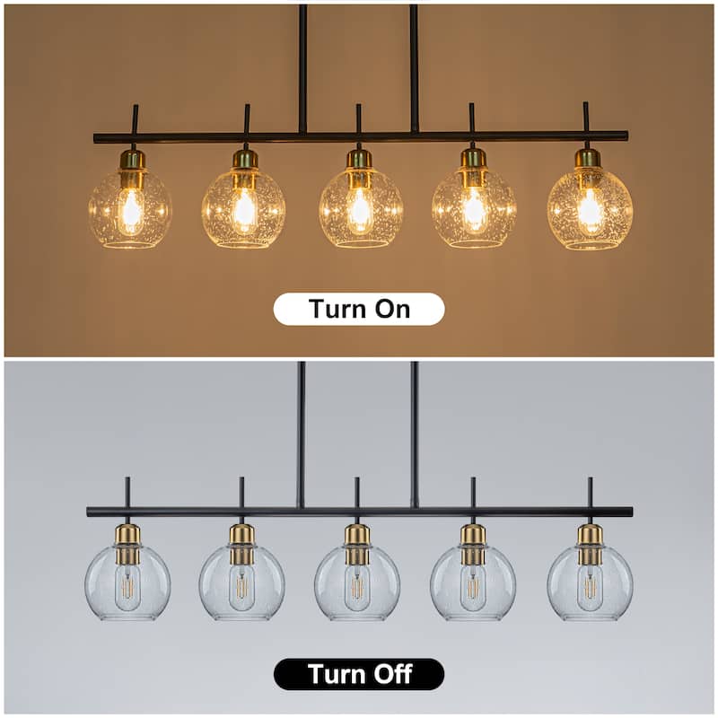 Starsky 5-Light Modern Linear Kitchen Island Pendant with Seeded Glass Globes, Adjustable Height, Black or Gold
