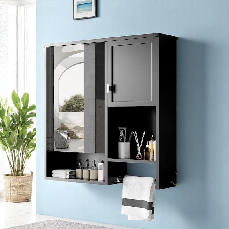 Modern 29" Bathroom Wall Cabinet with Mirror, 2 Doors, Adjustable Shelf, and Over-the-Toilet Towel Bar