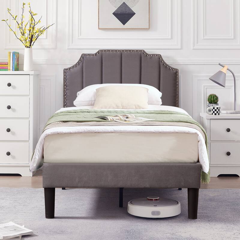 Javlergo Upholstered Platform Bed Frame with Nailhead Trimmed Adjustable Height Headboard, No Box Spring Needed - Grey - Twin