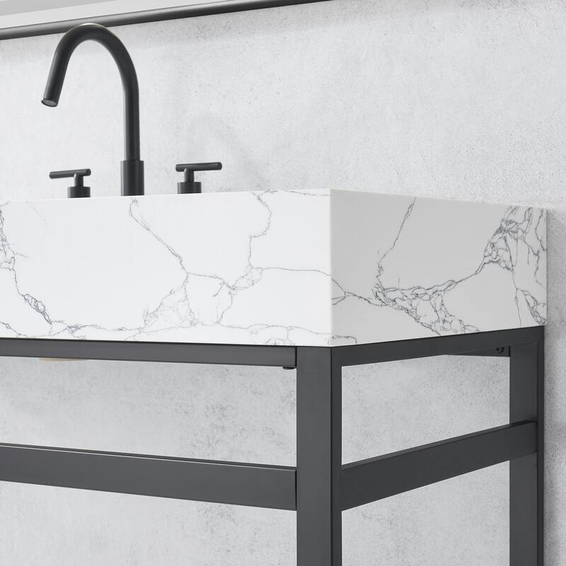 Ecija Bath Vanity, Metal Support with Composite Stone Top and Mirror
