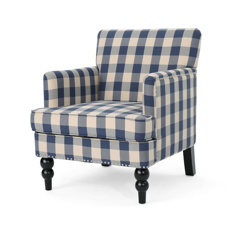 Lit Club Accent Chair with Turned Legs, Blue Black and Cream Fabric