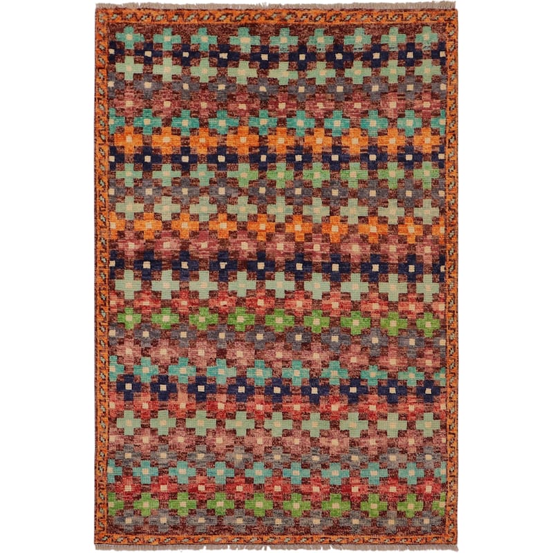 Eclectic Balochi Woodard Maroon/Orange Hand Knotted Wool Rug - 3'3'' x 5'1''