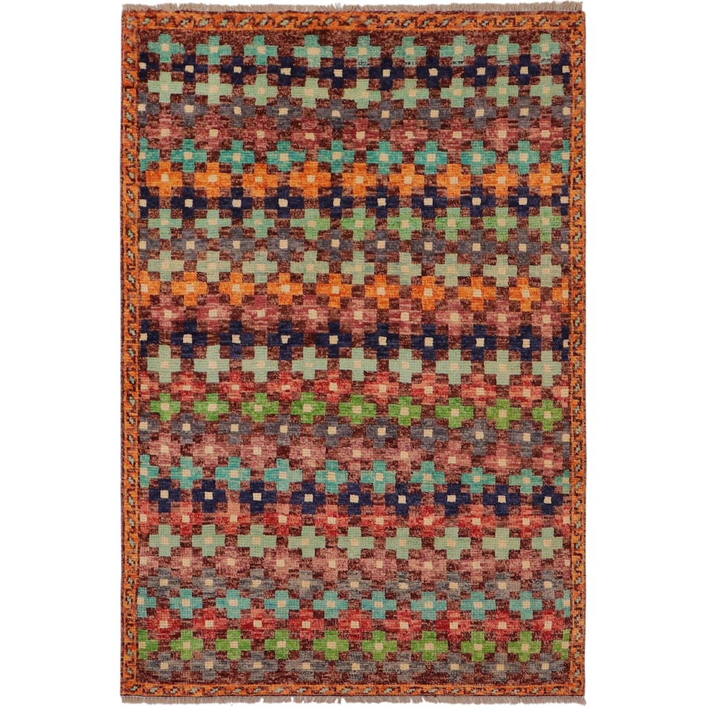 Eclectic Balochi Woodard Maroon/Orange Hand Knotted Wool Rug - 3'3'' x 5'1''