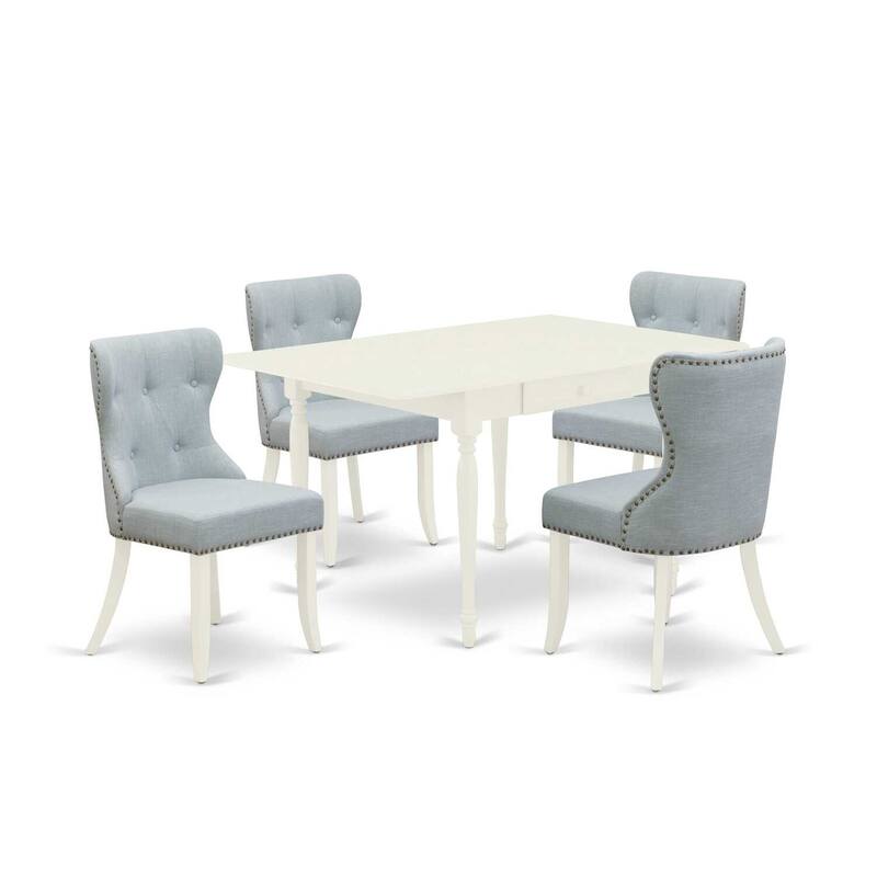 5-Piece Linen White Finish Solid Wood Top - Rectangular Dining Room Set Seats-4