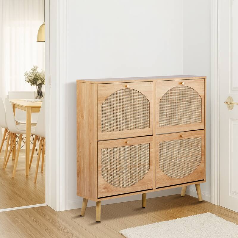 Wooden 2 Tier Flip Down Shoe Cabinet with Natural Rattan Arched Fronts Slim Design and 8 Compartments for 12 to 16 Pairs