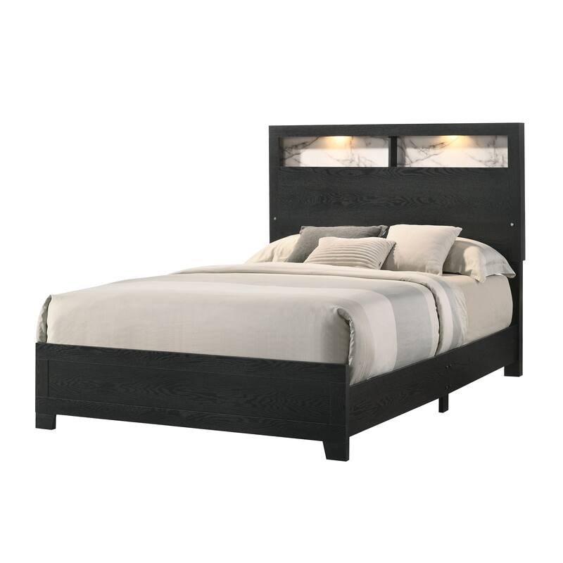 Queen Size Panel Bed Headboard with LED, Sleek Design, Black Finish, Extra Storage Space - Black