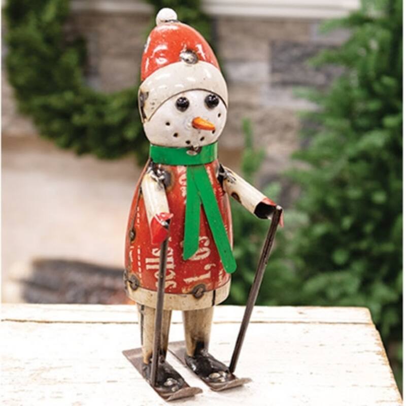 White Red Green Metal Skiing Snowman Figurine with Scarf, Hat and Ski Accessories - 4.25 x 5 x 12 in