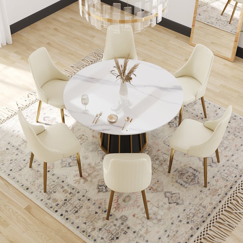 Round Metal Pedestal Dining Table Round Sintered Stone Table. - White - 53"